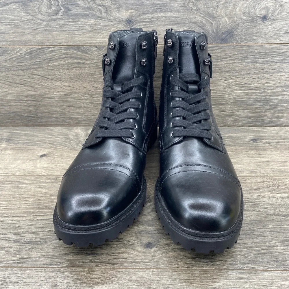 Steve Madden Snyder Combat Boot Mens Size 12 Black Leather Lace Up Side Zip Lug